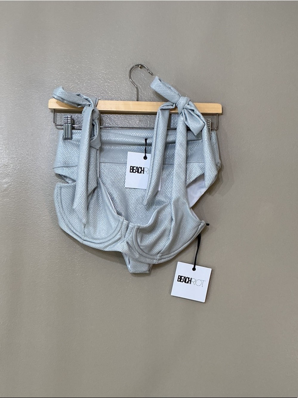 Beach Riot Light Gray Textured Tie-Shoulder Bikini Set